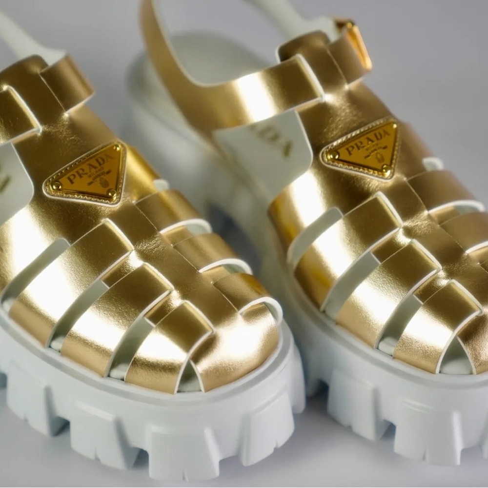 Prada 'Platform' Gold Leather Fisherman Sandals Size 8